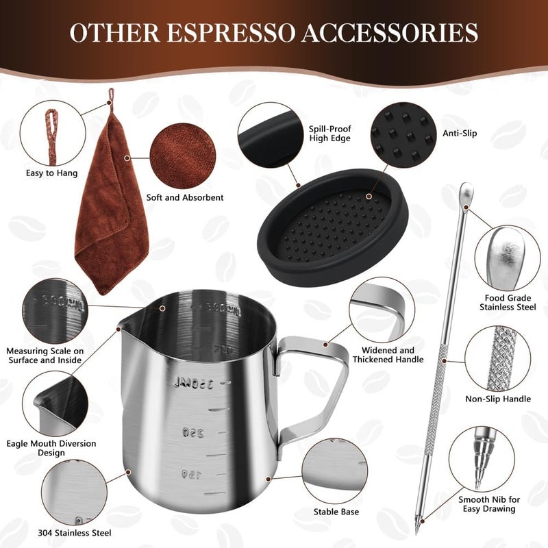 Y-Step 58mm Espresso Accessories Kit, 23 PCS Coffee Tamper Set Barista Tools Kit, with Sandalwood Espresso Tamper, Coffee Stirrer, Frothing Pitcher, Tamper Mat, Latte Art Pen for Espresso Machine - Image 5